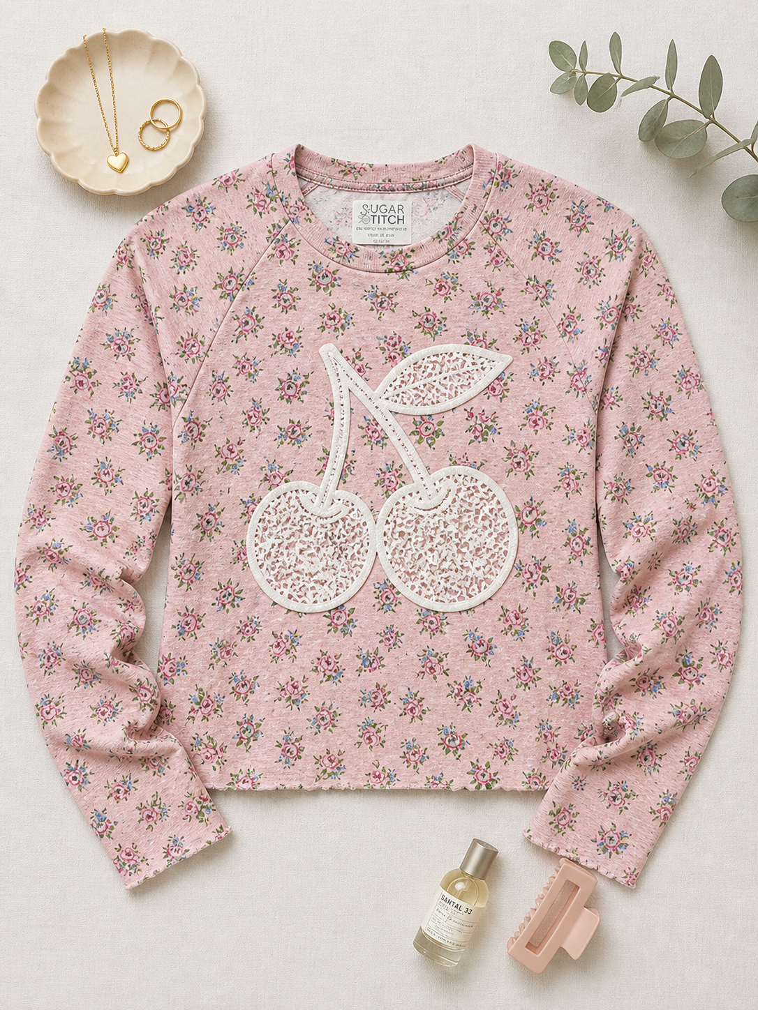 Cherries Lace Graphic AOP Edgy Long Sleeve Graphic Shirt