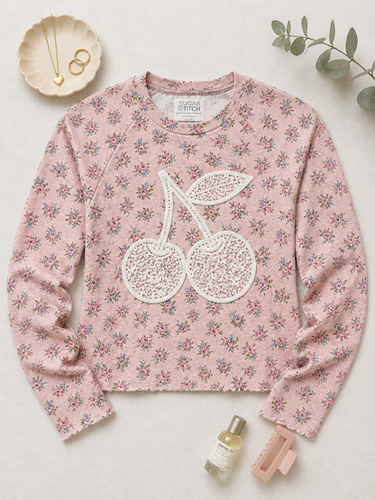Cherries Lace Graphic AOP Edgy Long Sleeve Graphic Shirt