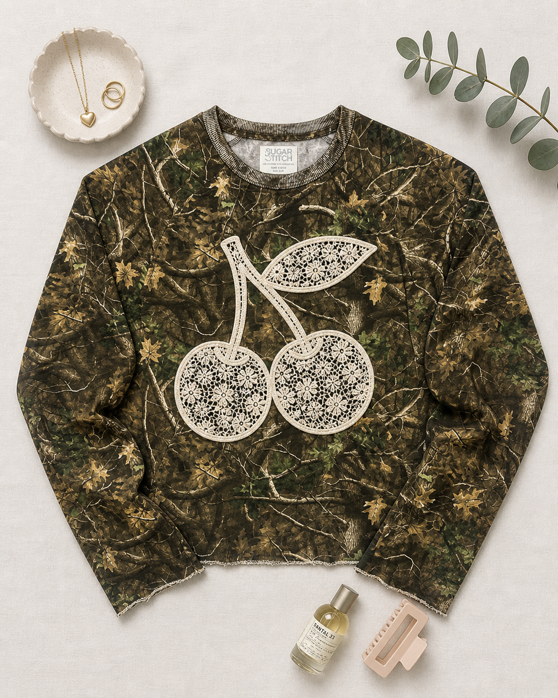 Cherries Lace Graphic AOP Edgy Long Sleeve Graphic Shirt