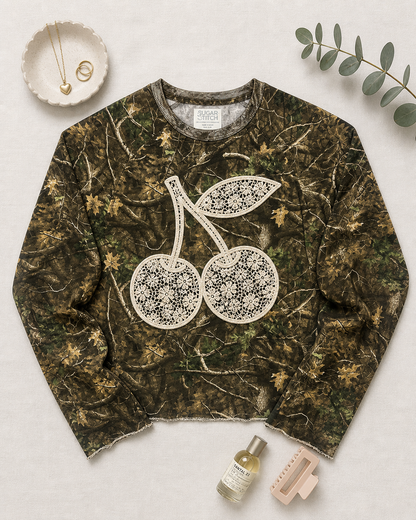 Cherries Lace Graphic AOP Edgy Long Sleeve Graphic Shirt