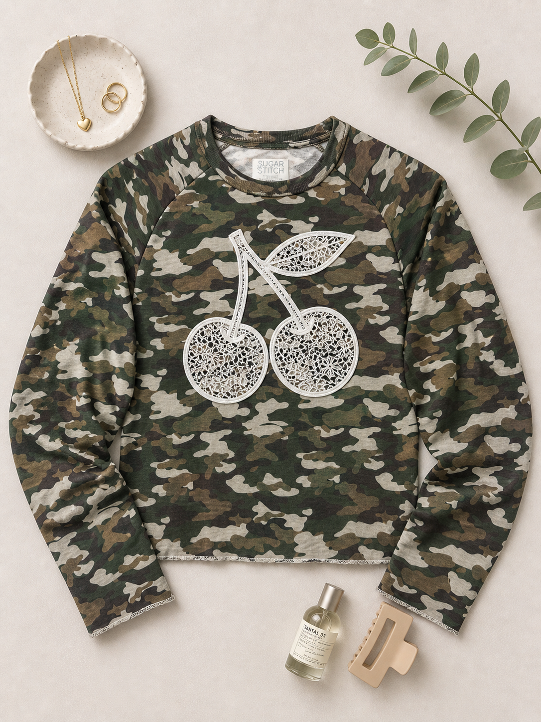 Cherries Lace Graphic AOP Edgy Long Sleeve Graphic Shirt