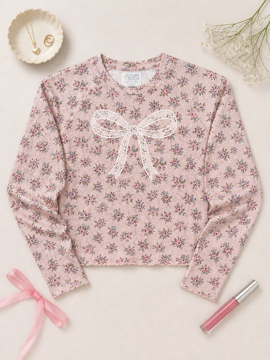 Bow Lace Graphic AOP Edgy Long Sleeve Graphic Shirt