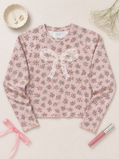 Bow Lace Graphic AOP Edgy Long Sleeve Graphic Shirt