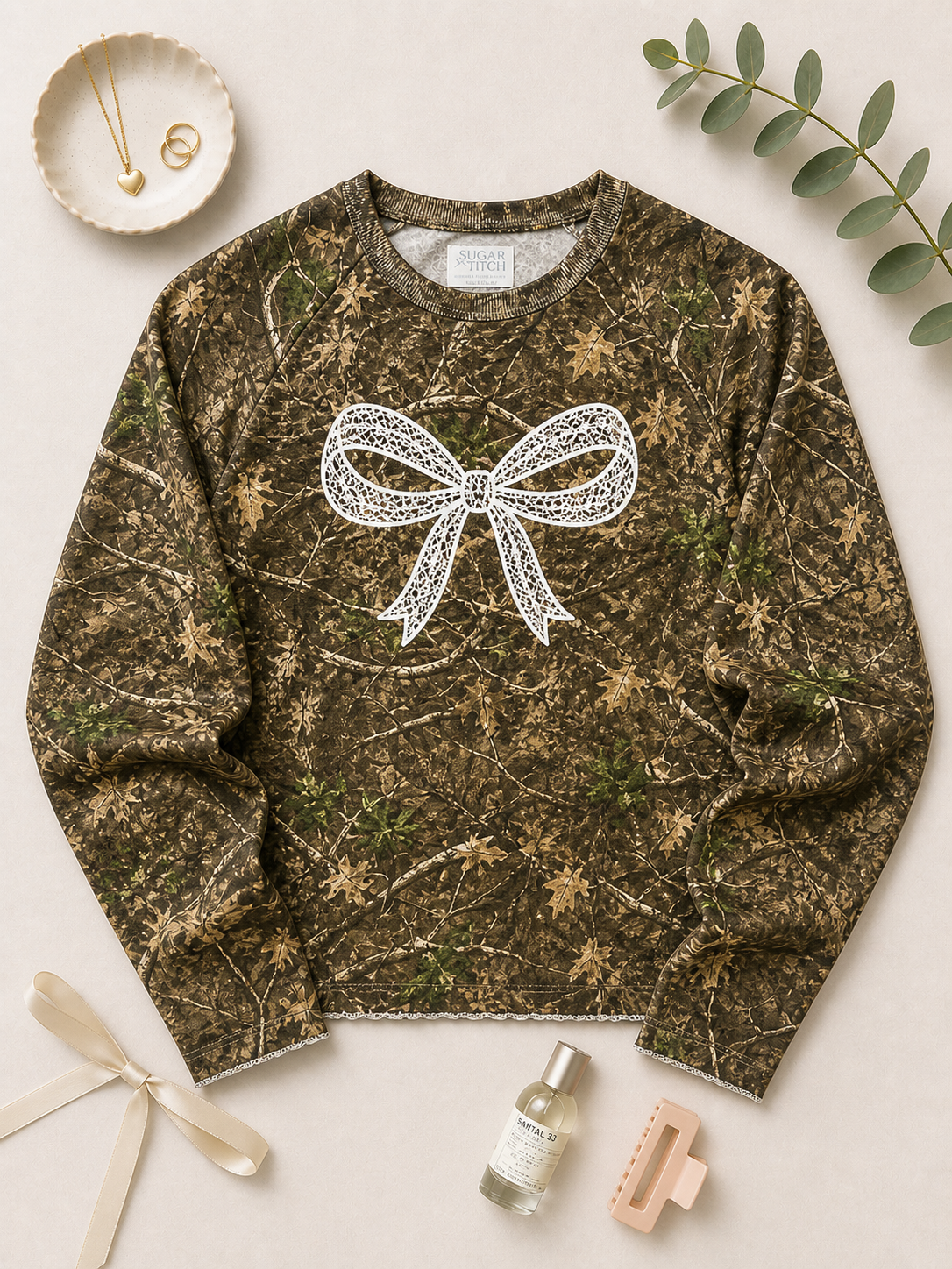 Bow Lace Graphic AOP Edgy Long Sleeve Graphic Shirt