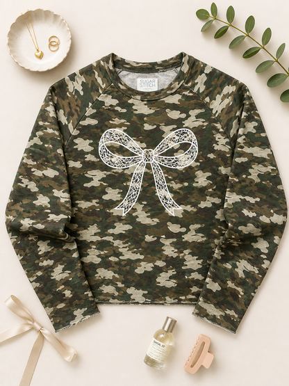 Bow Lace Graphic AOP Edgy Long Sleeve Graphic Shirt