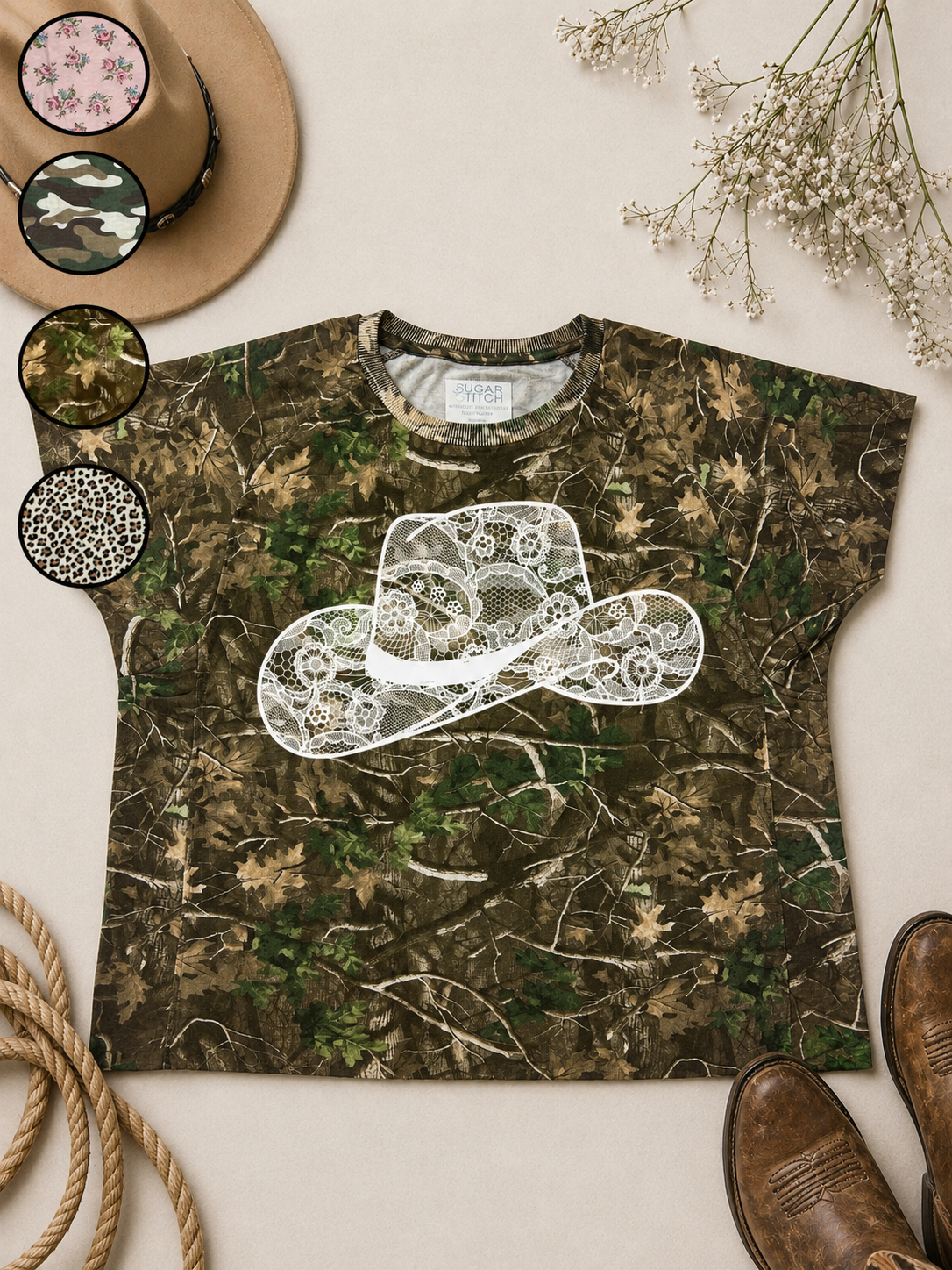 Cowboy Hat Lace Graphic AOP Edgy Graphic Shirt