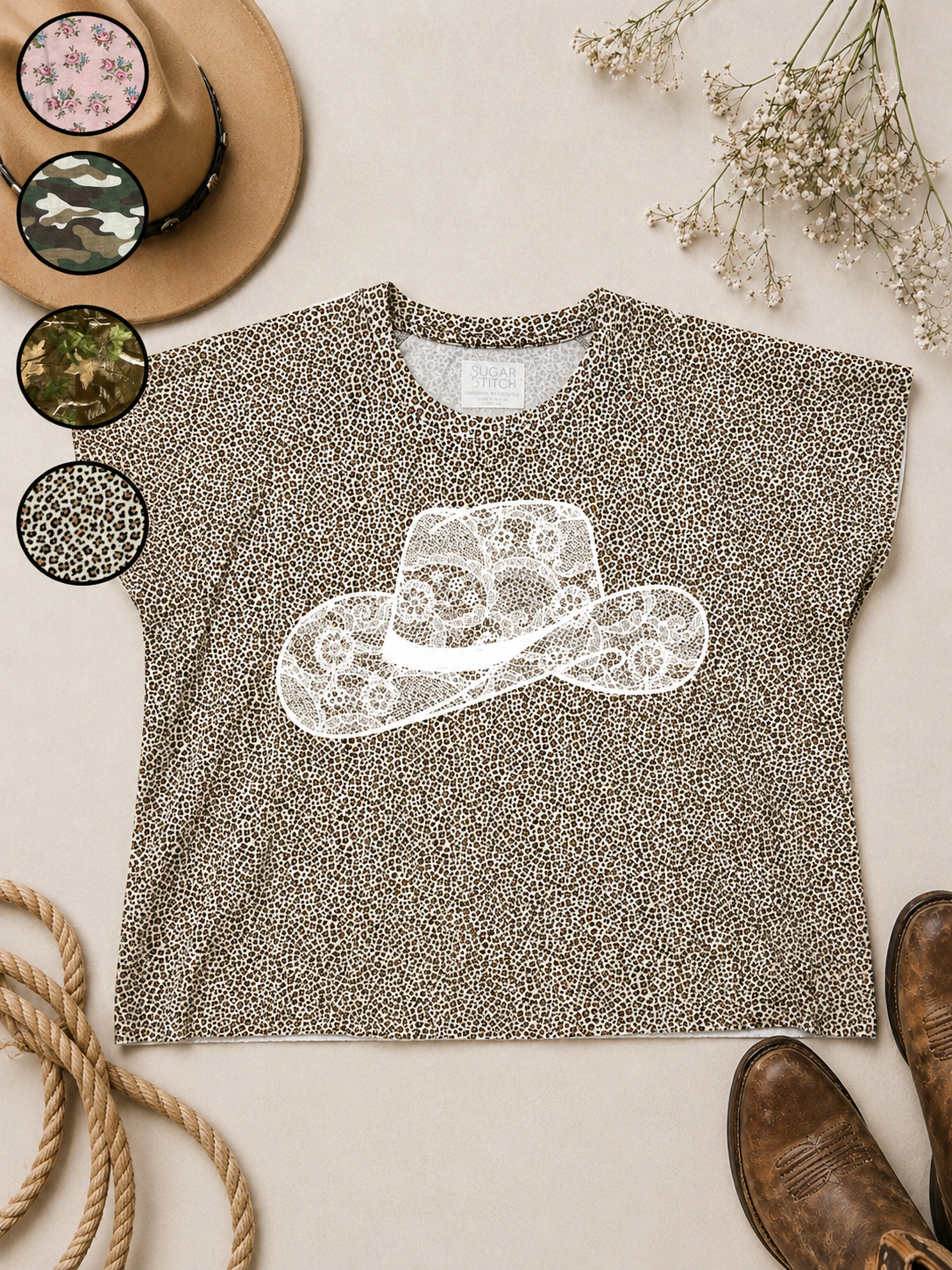 Cowboy Hat Lace Graphic AOP Edgy Graphic Shirt