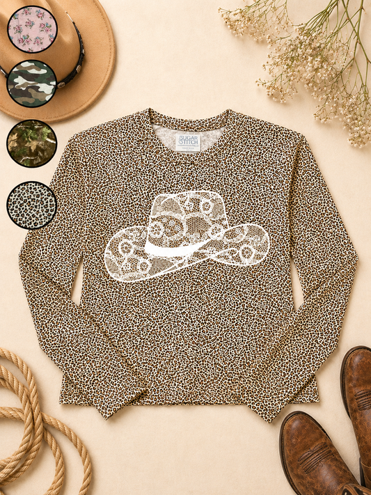 Cowboy Hat Lace Graphic AOP Edgy Long Sleeve Graphic Shirt