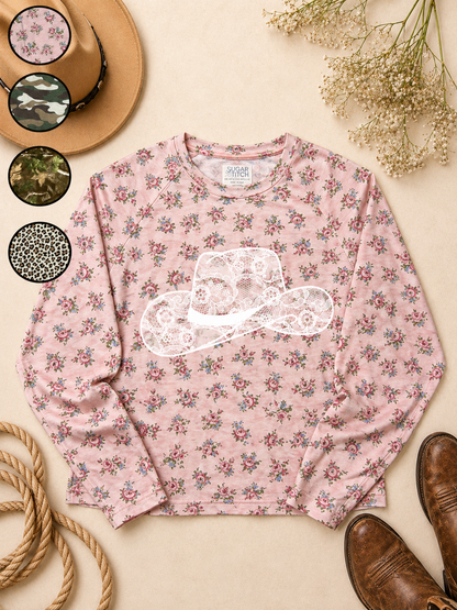 Cowboy Hat Lace Graphic AOP Edgy Long Sleeve Graphic Shirt