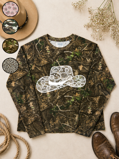 Cowboy Hat Lace Graphic AOP Edgy Long Sleeve Graphic Shirt