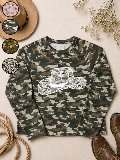Cowboy Hat Lace Graphic AOP Edgy Long Sleeve Graphic Shirt