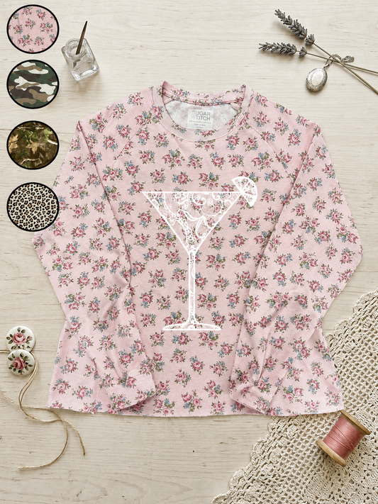 Martini Lace Graphic AOP Edgy Long Sleeve Graphic Shirt