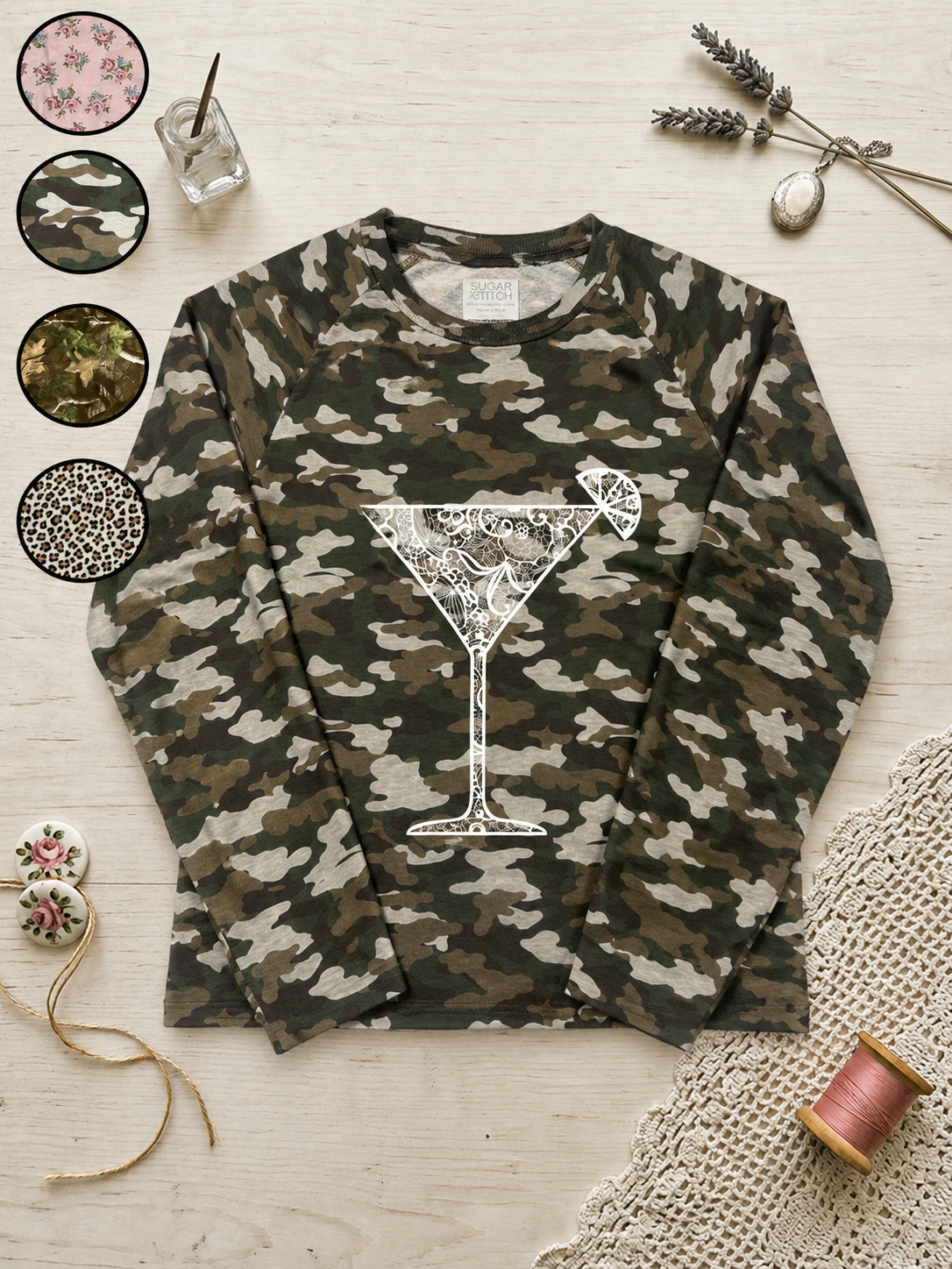 Martini Lace Graphic AOP Edgy Long Sleeve Graphic Shirt