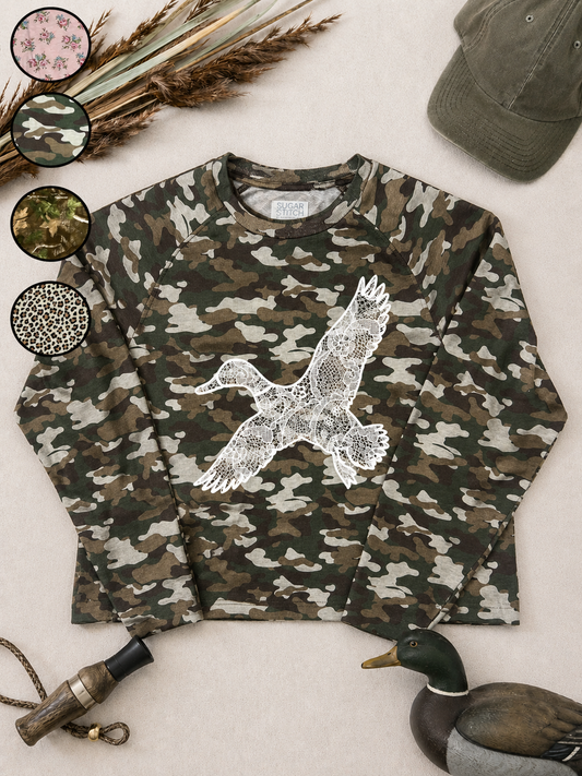 Duck Lace Graphic AOP Edgy Long Sleeve Graphic Shirt