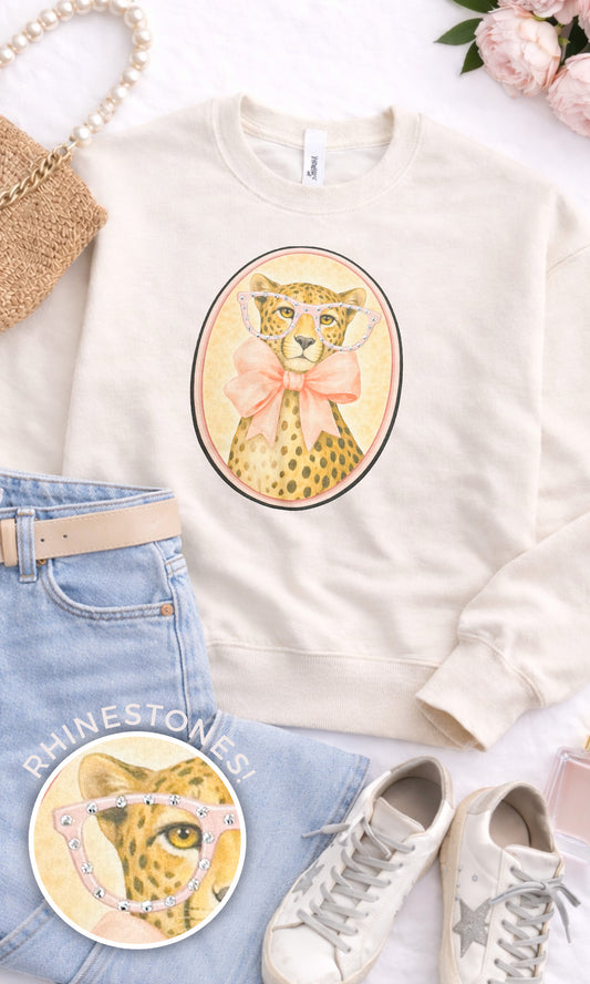 Cheetah with Rhinestone Specs Graphic Sweatshirt