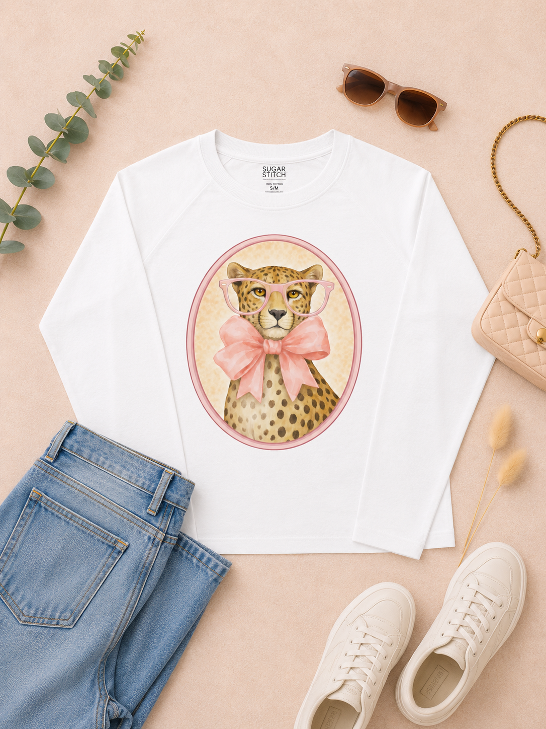 Cheetah with Rhinestone Specs Edgy Long Sleeve Shirt