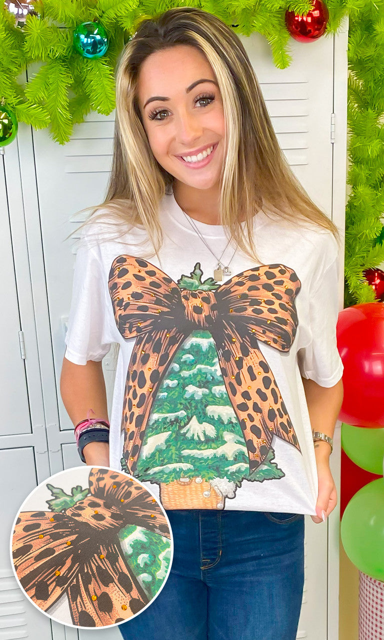Christmas Tree Cheetah Bow Rhinestone Graphic T-Shirt
