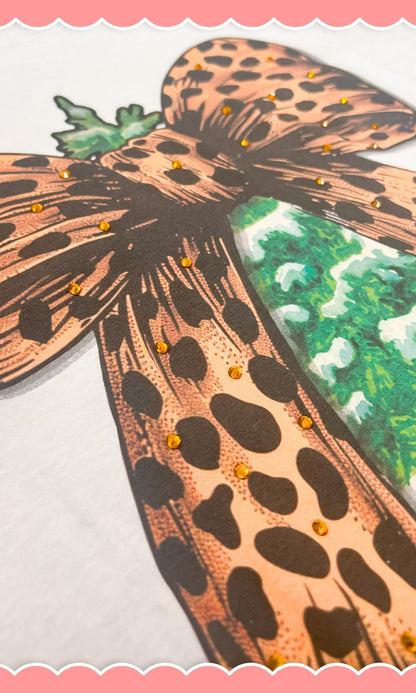 Christmas Tree Cheetah Bow Rhinestone Graphic Long Sleeve T-Shirt