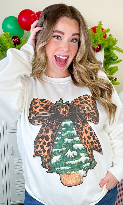 Christmas Tree Cheetah Bow Rhinestone Graphic Sweatshirt