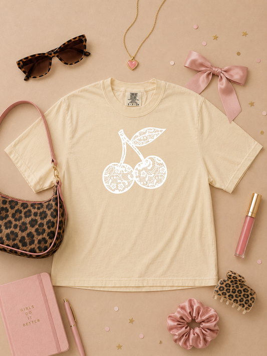 Cherries Lace Graphic Comfort Color Graphic Boxy T-Shirt