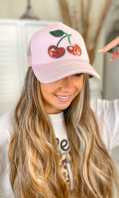 Sequin Cherries Trucker Hat