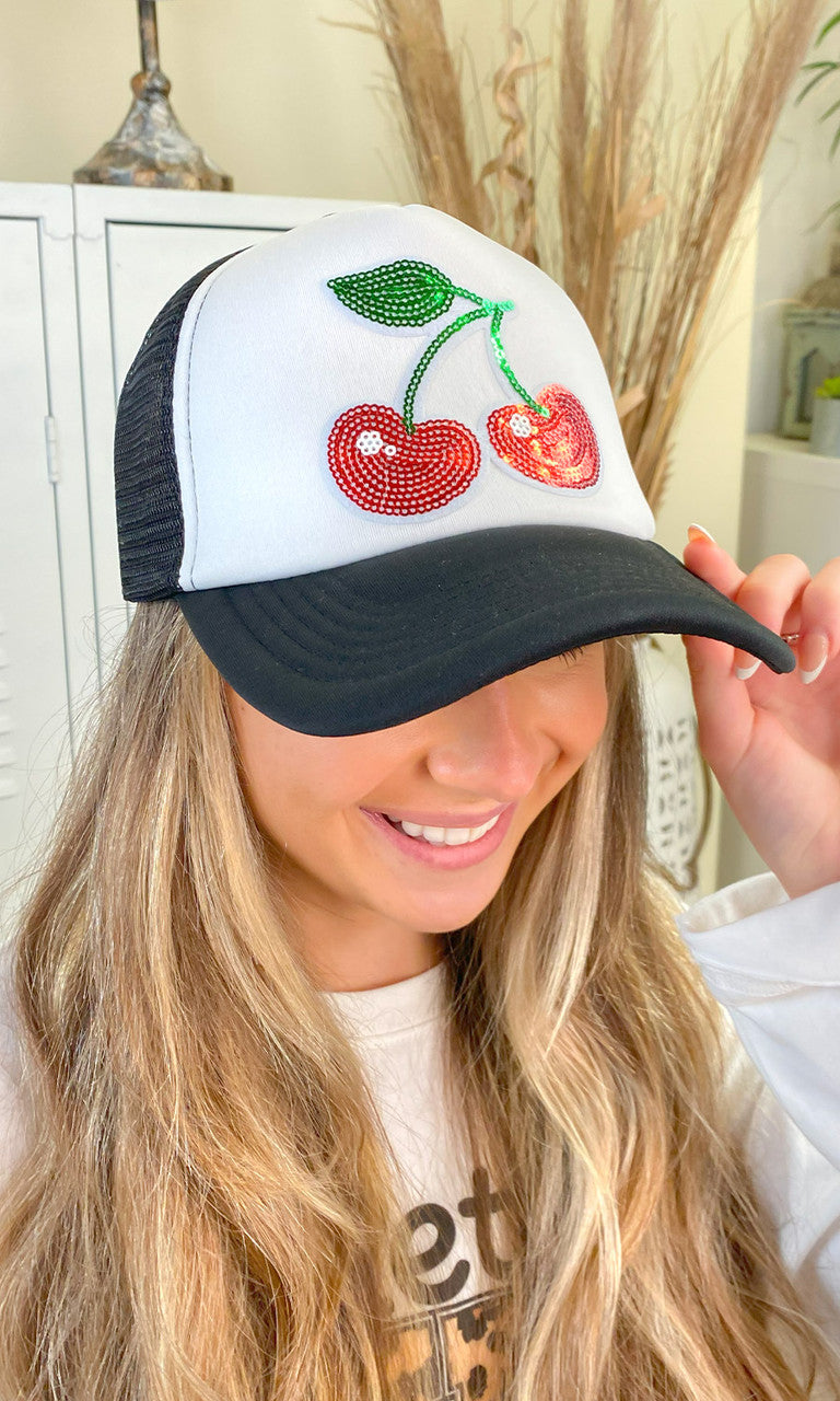 Sequin Cherries Trucker Hat