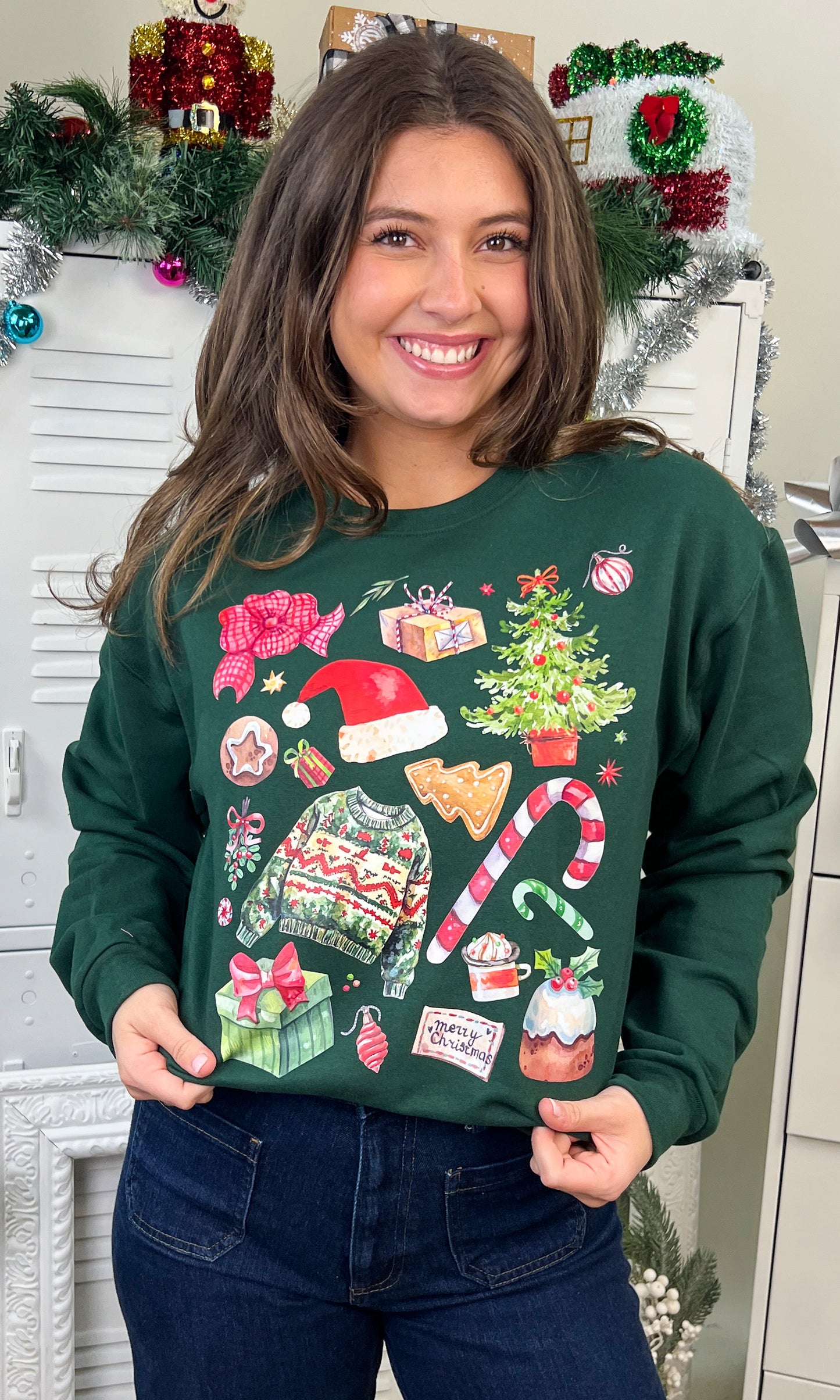 Celebrate the season in style with the Christmas Collage Graphic Sweatshirt, featuring festive designs and cheerful colors.