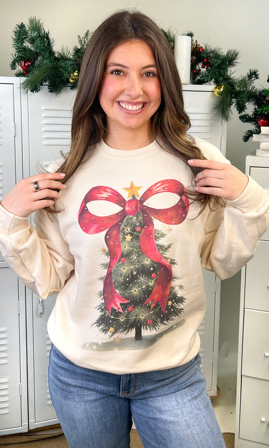 Rhinestone Bow Christmas Tree Graphic Sweatshirt