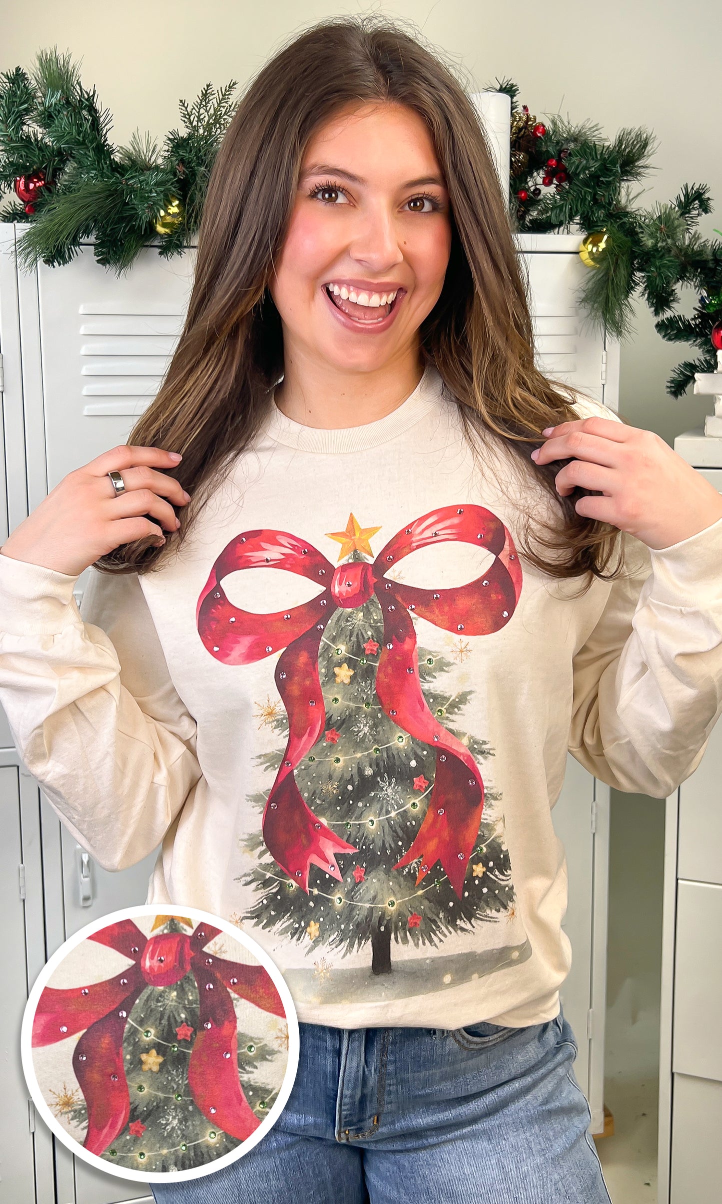 Rhinestone Bow Christmas Tree Graphic Long Sleeve T-Shirt