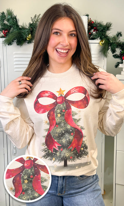 Rhinestone Bow Christmas Tree Graphic Long Sleeve T-Shirt