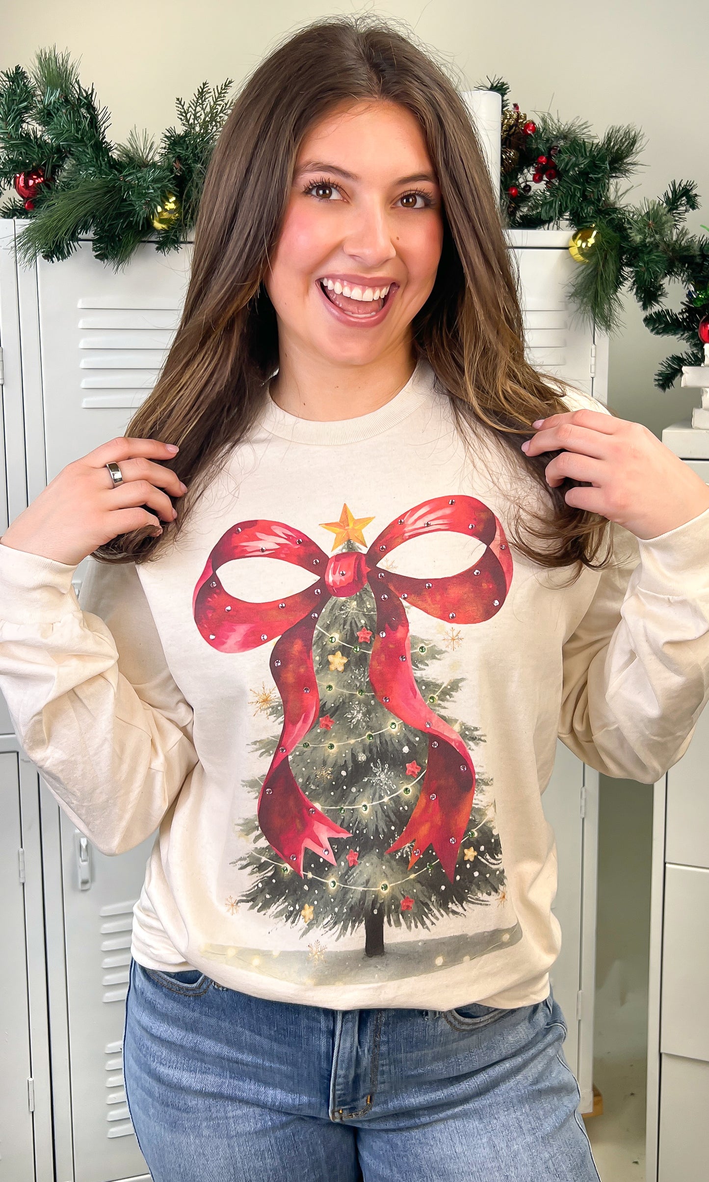 Rhinestone Bow Christmas Tree Graphic Long Sleeve T-Shirt