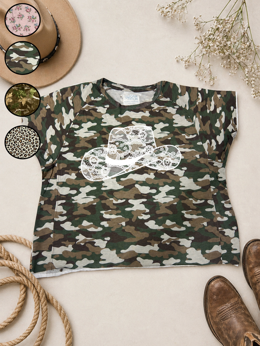 Cowboy Hat Lace Graphic AOP Edgy Graphic Shirt