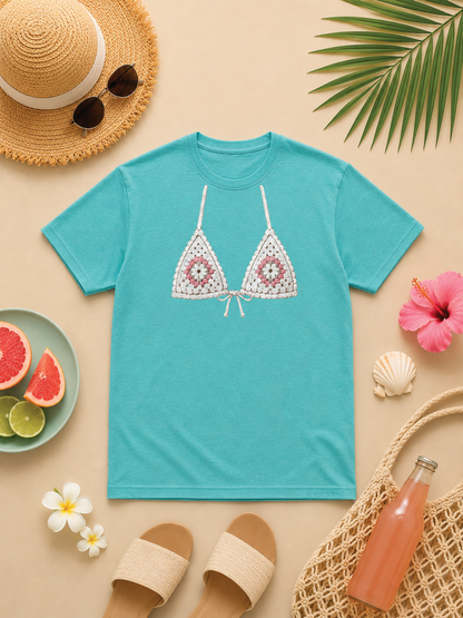 Crocheted Floral Bikini Top Burnout Graphic T-Shirt