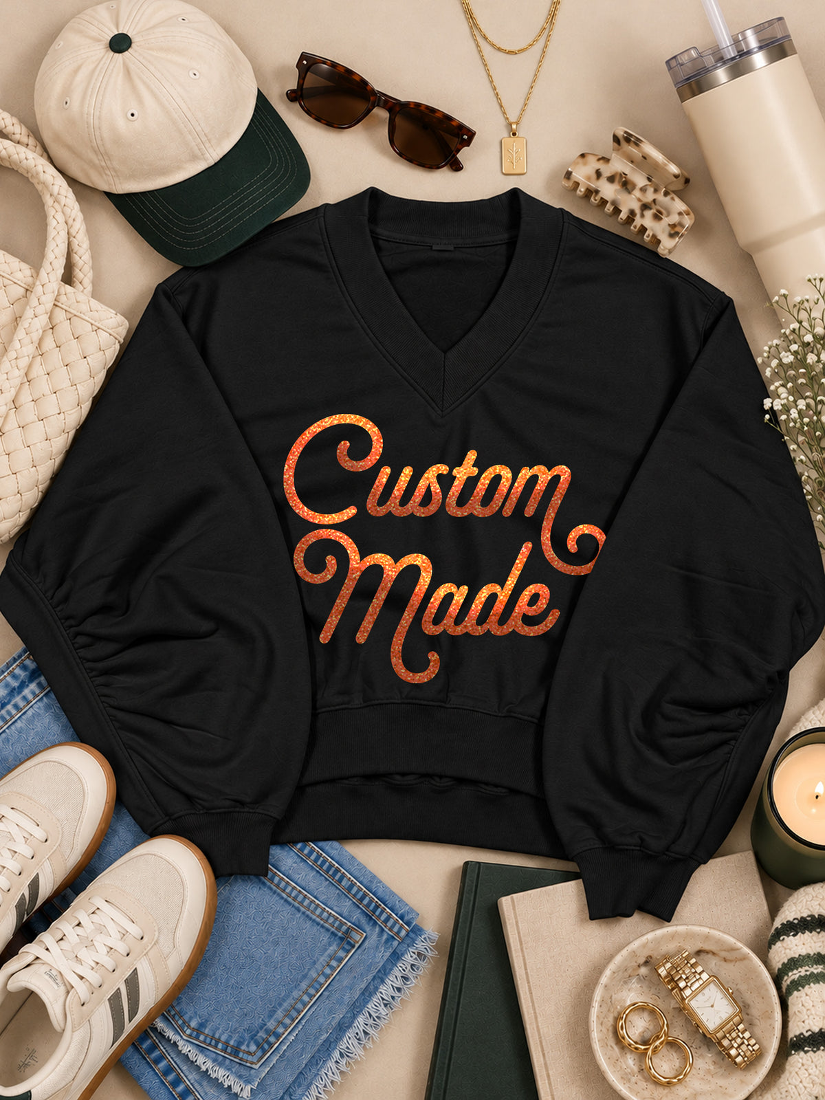 Custom Swirl Type Graphic Varsity V-Neck Sweatshirt