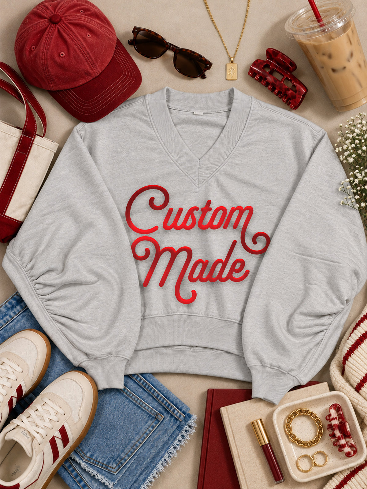 Custom Swirl Type Graphic Varsity V-Neck Sweatshirt
