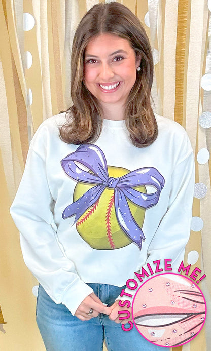 Custom Softball Bow Rhinestone Graphic Sweatshirt