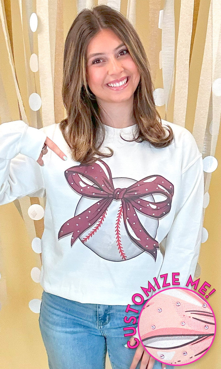 Custom Baseball Bow Rhinestone Graphic Sweatshirt