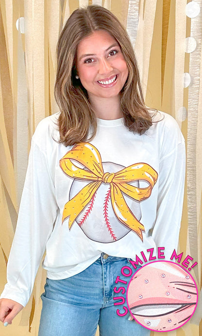 Custom Baseball Bow Rhinestone Graphic Long Sleeve T-Shirt