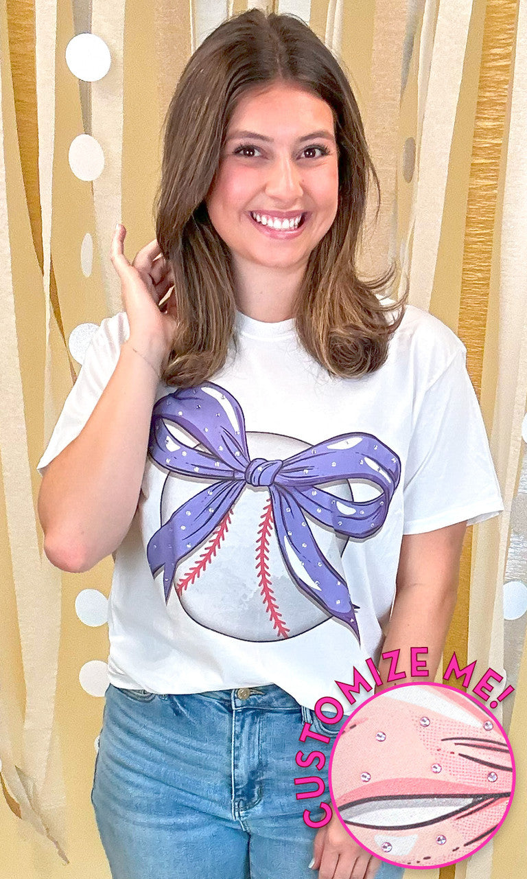 Custom Baseball Bow Rhinestone Graphic T-Shirt