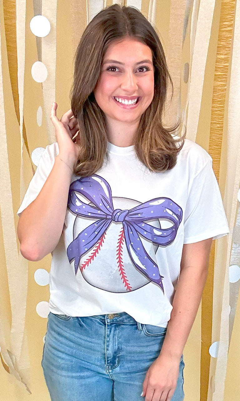 Custom Baseball Bow Rhinestone Graphic T-Shirt