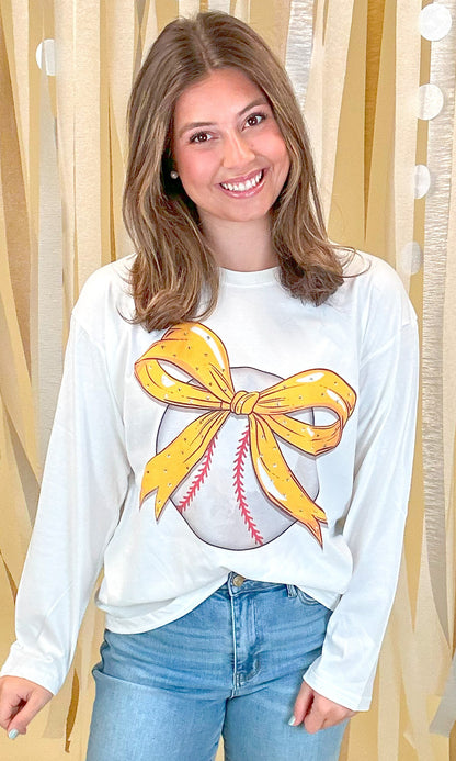 Custom Baseball Bow Rhinestone Graphic Long Sleeve T-Shirt
