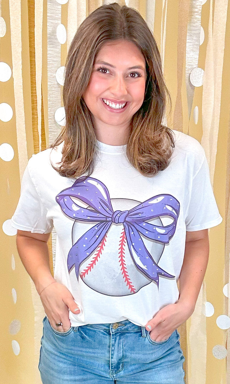 Custom Baseball Bow Rhinestone Graphic T-Shirt