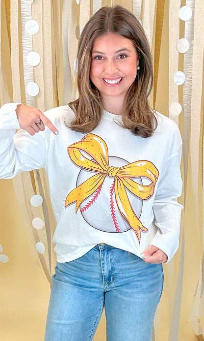 Custom Baseball Bow Rhinestone Graphic Long Sleeve T-Shirt