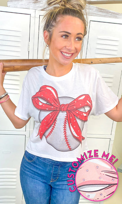 Custom Baseball Bow Rhinestone Graphic Crop Top