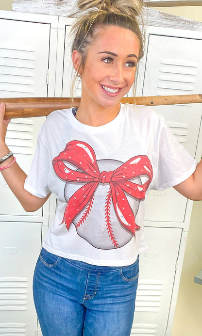 Custom Baseball Bow Rhinestone Graphic Crop Top