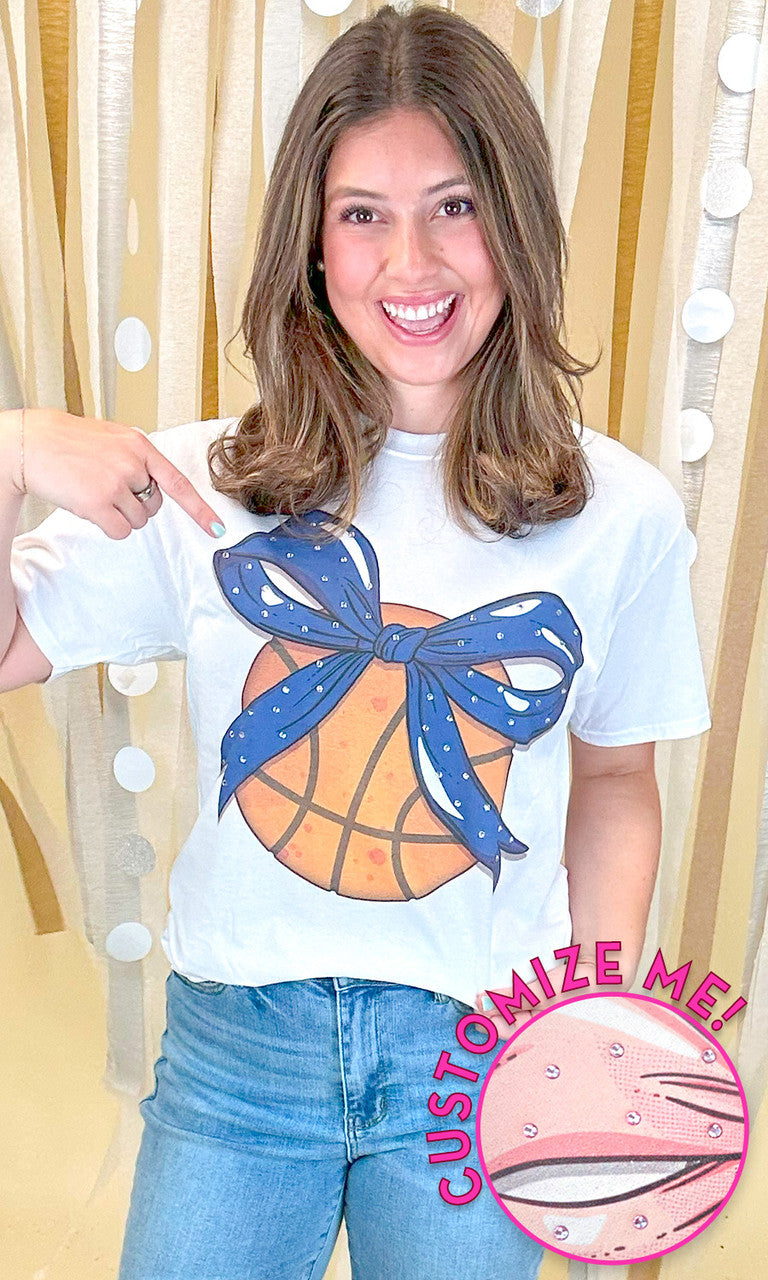 Custom Basketball Bow Rhinestone Graphic T-Shirt