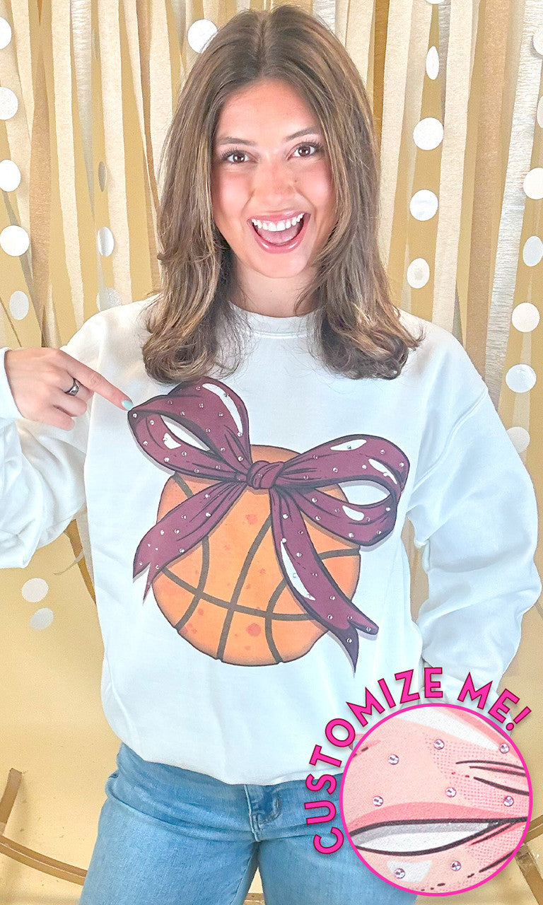 Custom Basketball Bow Rhinestone Graphic Sweatshirt