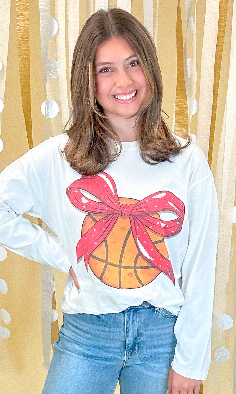 Custom Basketball Bow Rhinestone Graphic Long Sleeve T-Shirt