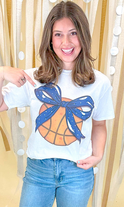 Custom Basketball Bow Rhinestone Graphic T-Shirt