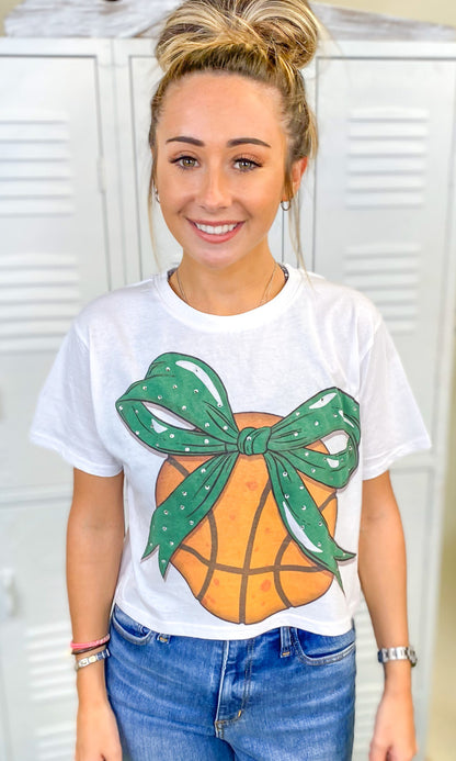 Custom Basketball Bow Rhinestone Graphic Crop Top